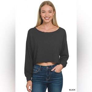 Zenana French Terry Boatneck Crop Top